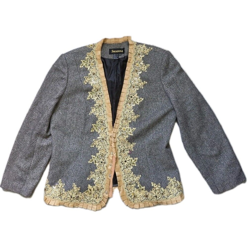 VTG Susanna Embellished Blazer Jacket Lace Trim Beaded Black Gold Size 20 EUC